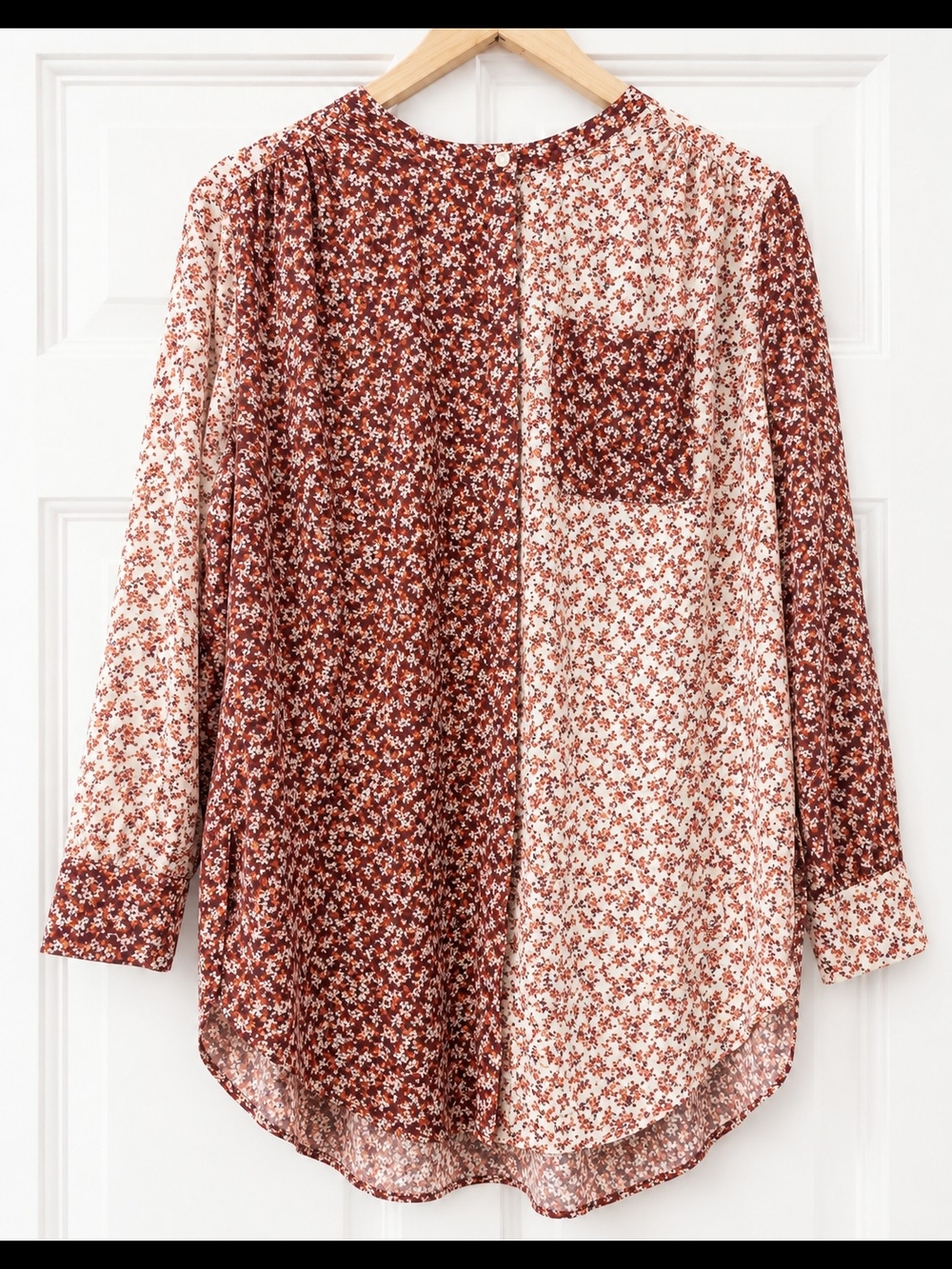 Lands' End Women's Two-Tone Floral Button Down Blouse - Rust/Cream